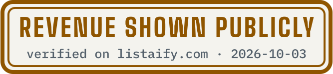Revenue shown publicly, verified on listaify.com